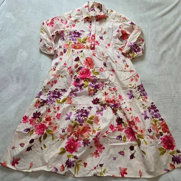 New MP Maeve x Anthropologie The Bettina tiered shirt dress in Cream Floral - Picture 3 of 11